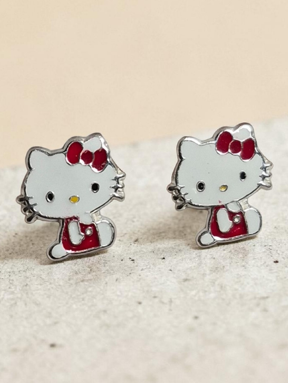 925 Silver Earrings –Hello Kitty Silver-tone Enamel Stud Earrings in White & Red